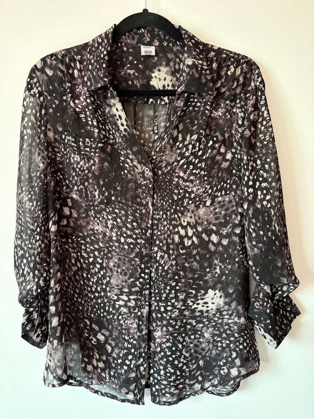 Jockey Sheer Black and Gray Printed Button-Up Blouse